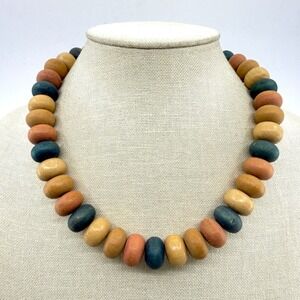 Chunky Wooden Bead Necklace Boho Festival Statement Jewelry Natural Earth Tones‎